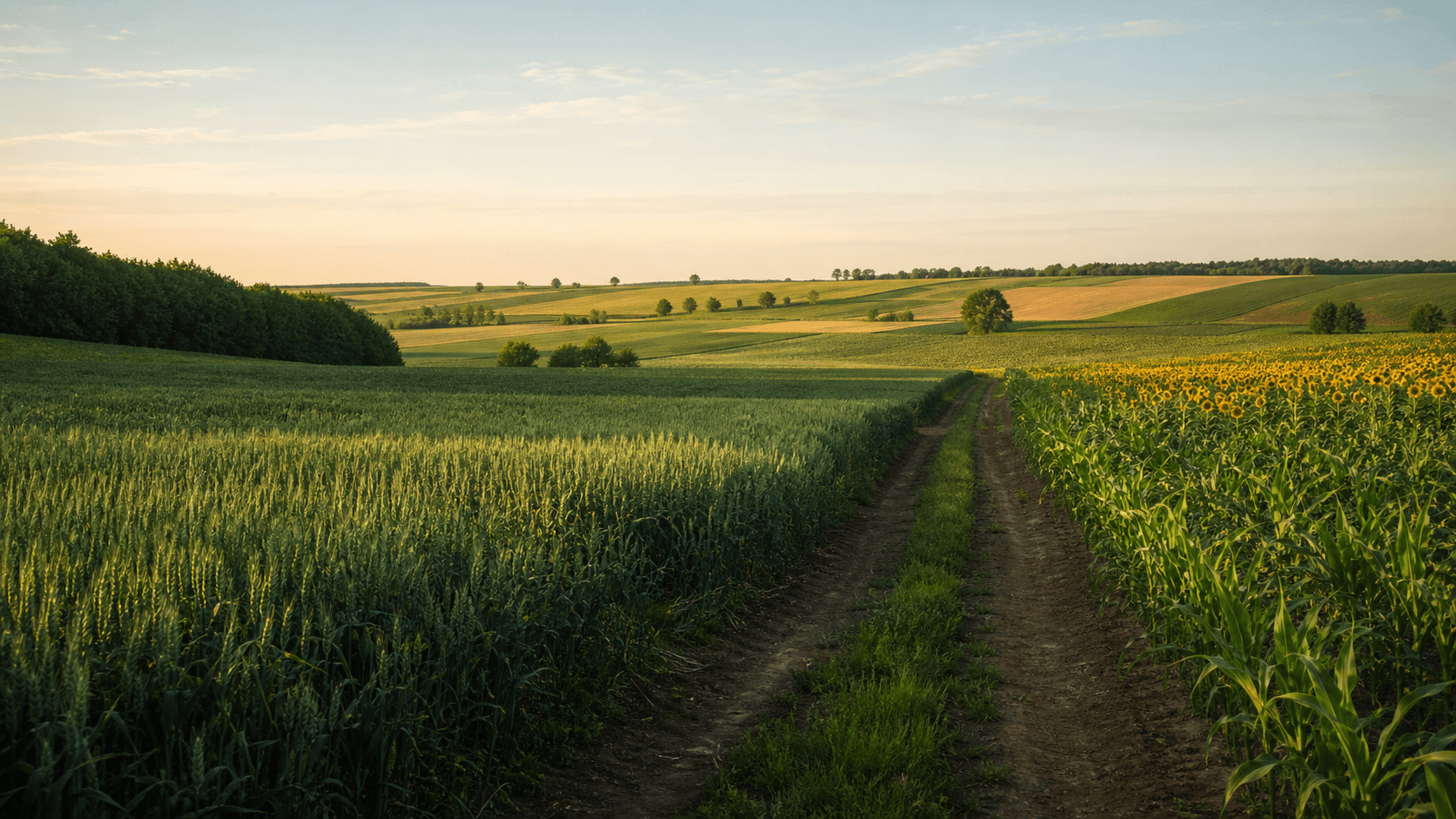 Câmpuri agricole cu grâu, porumb și floarea-soarelui
